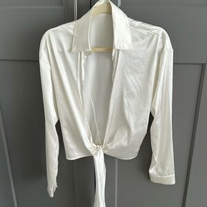 12th tribe white faux silk crop tie top